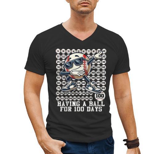 100 Days Of School Boys Dabbing Baseball 100th Day Of School Men's V-Neck T-Shirt - Sportilla