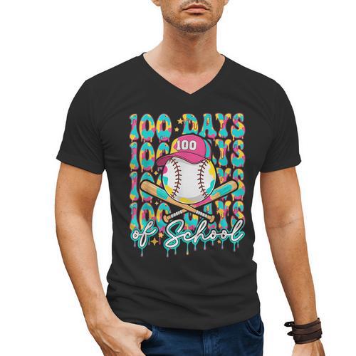 100 Days Of School Drip Baseball 100th Day Baseball School Men's V-Neck T-Shirt - Sportilla
