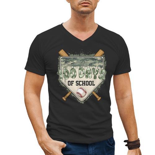 100 Days Of School Home Plate Camo Baseball Dripping Boys Men's V-Neck T-Shirt - Sportilla