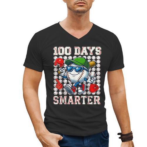 100 Days Smarter Baseball 100 Days Of School Boy Girl Kid Men's V-Neck T-Shirt - Sportilla