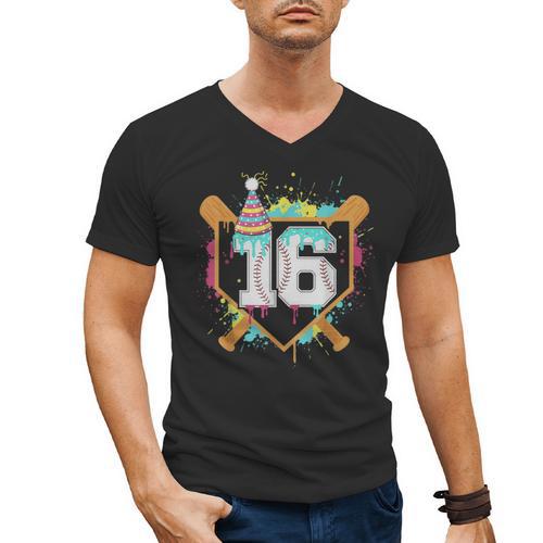 16th Birthday Baseball Drip Number 16 Year Old Birthday Boy Men's V-Neck T-Shirt - Sportilla