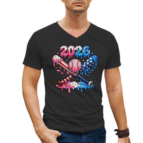 2026 American Flag Baseball Ice Cream Drip Bats Boys Men's V-Neck T-Shirt - Sportilla