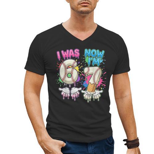 I Was 6 Now I'm 7 Baseball Drip 67 Birthday Boy 7th Birthday Men's V-Neck T-Shirt - Sportilla