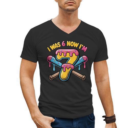 I Was 6 Now I'm 7 Dripping Ice Cream Baseball 67 Drip Men's V-Neck T-Shirt - Sportilla