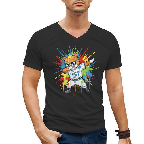 67 Baseball Dabbing Cat 6 7 Dripping Ice Cream Meme Men's V-Neck T-Shirt - Sportilla
