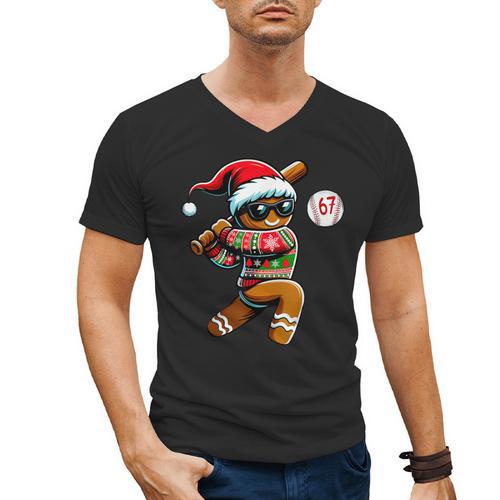 67 Gingerbread Man Playing Baseball Christmas 6 7 Meme Men's V-Neck T-Shirt - Sportilla