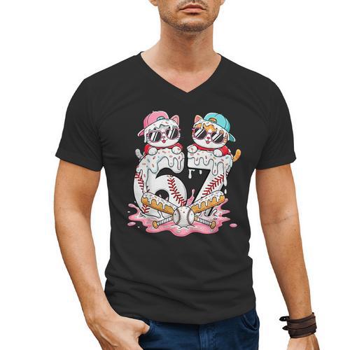 67 Meme Kawaii Cats Baseball Ice Cream Drip 6 7 Kids Men's V-Neck T-Shirt - Sportilla