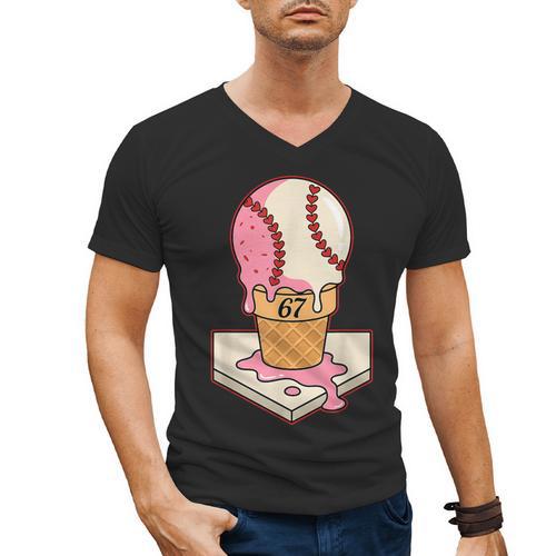 67 Tee Baseball Creamy Dripping Graphic Sixty-Seven Clothes Men's V-Neck T-Shirt - Sportilla