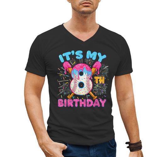 8th Birthday Baseball 8 Year Old Ice Cream Drip Boy Baseball Men's V-Neck T-Shirt - Sportilla