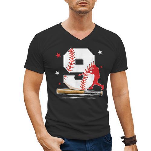 9 Years Old Baseball Birthday Boy 9th Bday Party Men's V-Neck T-Shirt - Sportilla