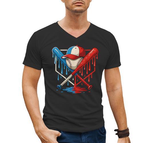 American Baseball Drip Graffiti Ball And Bat Men's V-Neck T-Shirt - Sportilla