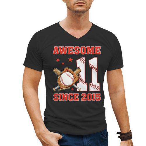 Awesome Since 2015 11 Year Old Boys Bday Baseball Theme Men's V-Neck T-Shirt - Sportilla