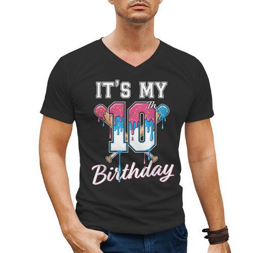 Baseball 10 Year Old Ice Cream Drip 10th Birthday Boys Men's V-Neck T-Shirt - Sportilla