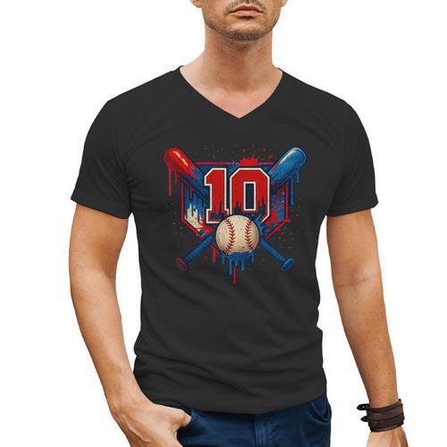 Baseball 10 Year Old Splash Drip 10th Birthday Boy Number 10 Men's V-Neck T-Shirt - Sportilla
