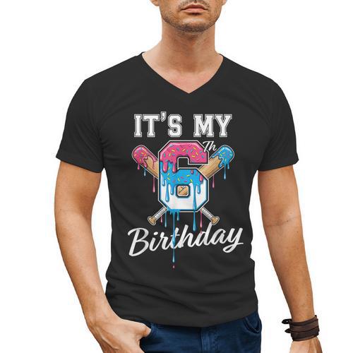 Baseball 6 Year Old Ice Cream Drip 6th Birthday Boy Number 6 Men's V-Neck T-Shirt - Sportilla