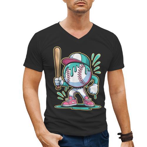 Baseball Character Cartoon Batter Drip Style Women Men Men's V-Neck T-Shirt - Sportilla