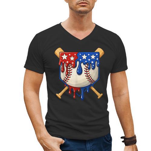 Baseball Drip American Flag Home Plate 4th Of July Patriotic Men's V-Neck T-Shirt - Sportilla