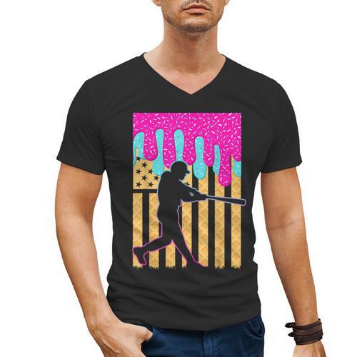 Baseball Drip Bat Boys Ice Cream American Flag 4th Of July Men's V-Neck T-Shirt - Sportilla