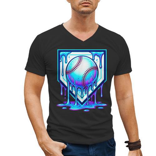 Baseball Drip Ice Cream Blue Glow Melt Ball Graphic Men's V-Neck T-Shirt - Sportilla