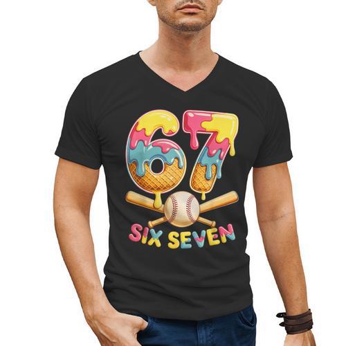 Baseball Drip Ice Cream Number 67 Player Lifestyle Men's V-Neck T-Shirt - Sportilla