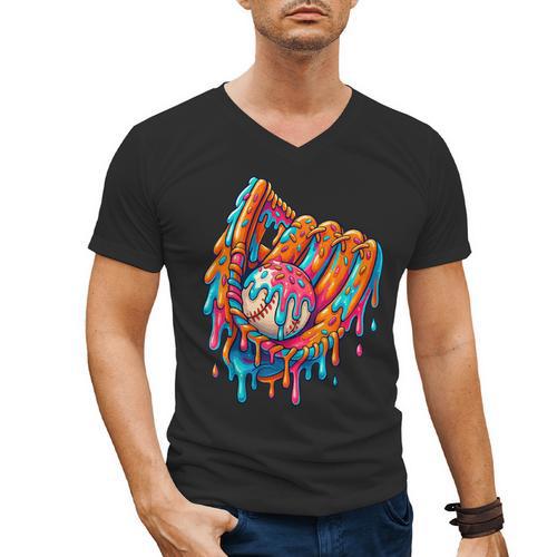 Baseball Drip Ice Cream Sprinkles Baseball Glove For Boys Men's V-Neck T-Shirt - Sportilla