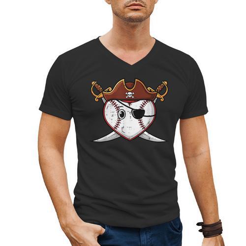 Baseball Heart Pirate Hat Crossed Swords Men Boys Kids Youth Men's V-Neck T-Shirt - Sportilla