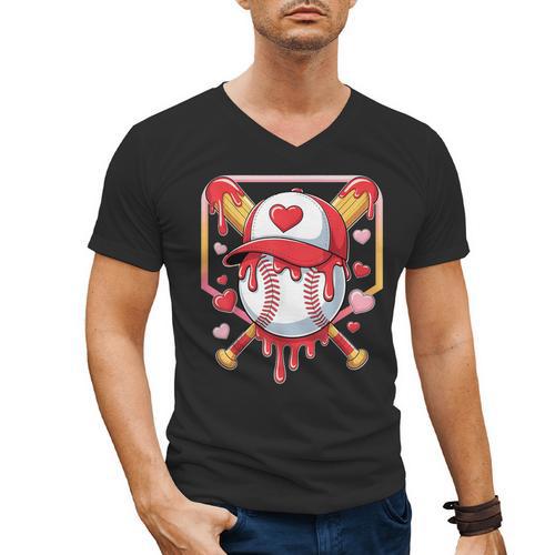 Baseball Heart Valentines Day Baseball Ice Cream Drip Boys Men's V-Neck T-Shirt - Sportilla