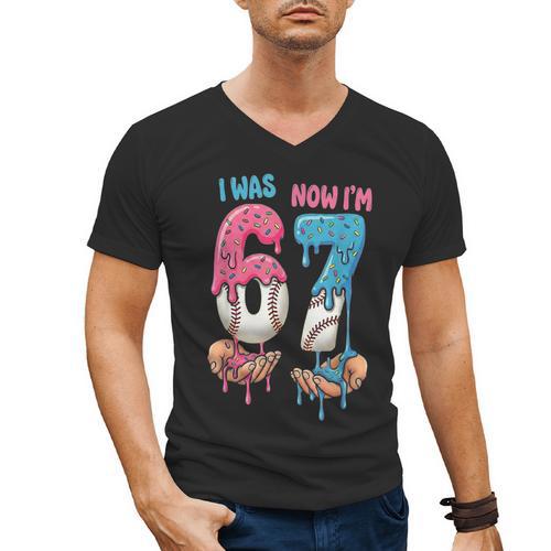 Baseball Ice Cream I Was 6 Now I'm 7 67 Birthday Boy Men's V-Neck T-Shirt - Sportilla
