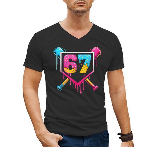 Baseball Ice Cream Drip 67 Meme Six Seven 67th Birthday Men's V-Neck T-Shirt - Sportilla