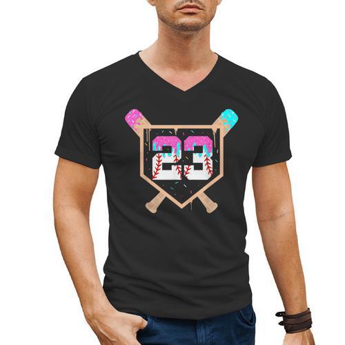 Baseball Ice Cream Drip Number 23 Player 23rd Birthday Men's V-Neck T-Shirt - Sportilla