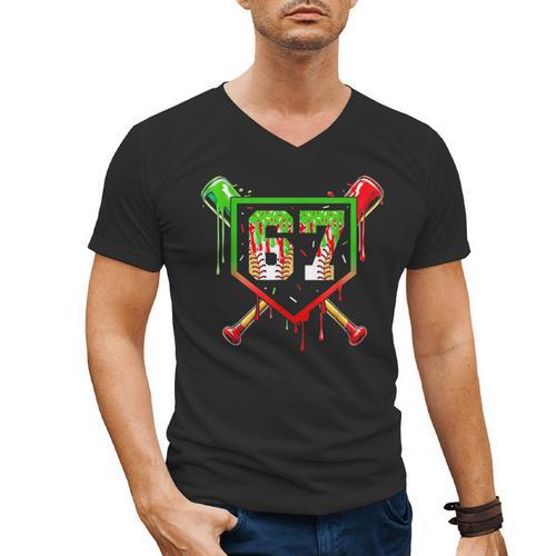 Baseball Ice Cream Drip Number 67 Player 6 7 Christmas Pjs Men's V-Neck T-Shirt - Sportilla