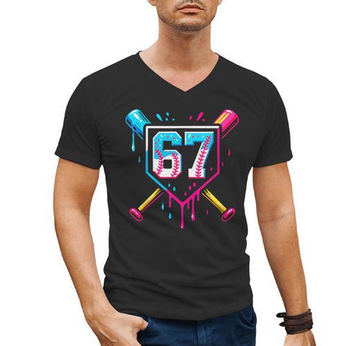 Baseball Ice Cream Drip Number 67 Player 67th Birthday 67 Men's V-Neck T-Shirt - Sportilla