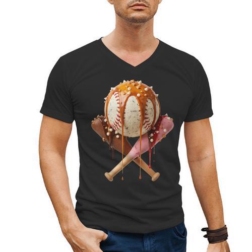Baseball Ice Cream Drip Style Melting Ice Cream Youth Teen Men's V-Neck T-Shirt - Sportilla