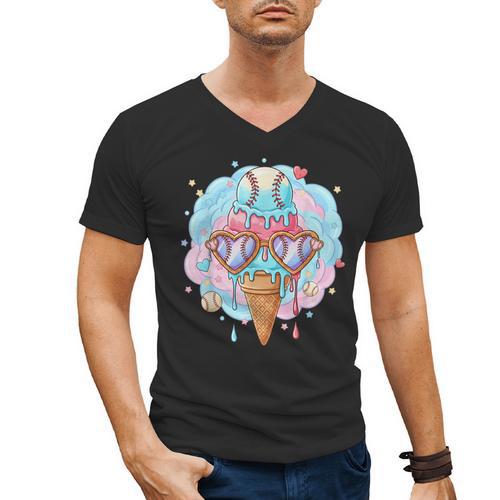 Baseball Ice Cream Heart Sunglasses Youth Boys Valentine Men's V-Neck T-Shirt - Sportilla