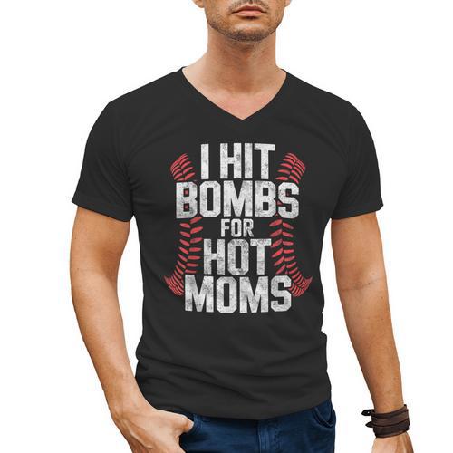Baseball Joke Tee I Hit Bombs For Hot Moms Player Pitcher Men's V-Neck T-Shirt - Sportilla