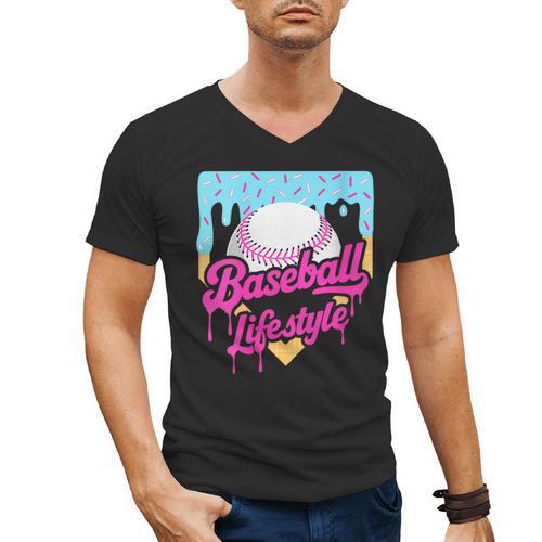 Baseball Life Lifestyle Home Plate Ice Cream Drip Men Boys Men's V-Neck T-Shirt - Sportilla
