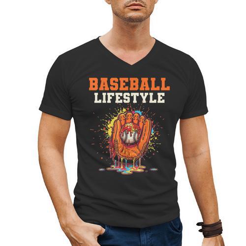 Baseball Lifestyle Ice Cream Drip Baseball Glove Crossed Bat Men's V-Neck T-Shirt - Sportilla