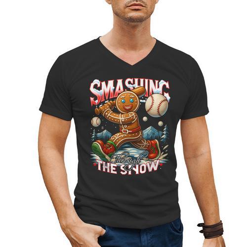 Baseball Player Christmas Gingerbread Smashing Through Snow Men's V-Neck T-Shirt - Sportilla