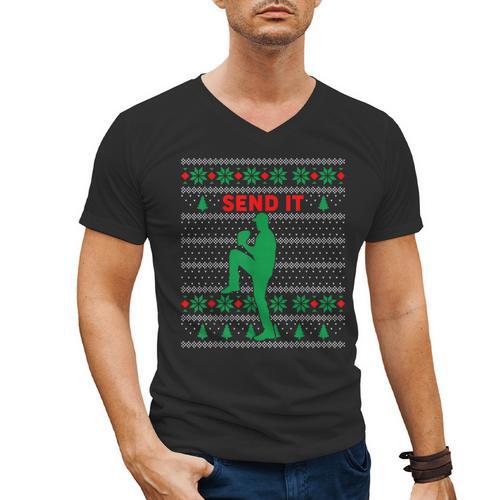 Baseball Player Christmas Pajama Send It Xmas PJs Boys Men's V-Neck T-Shirt - Sportilla
