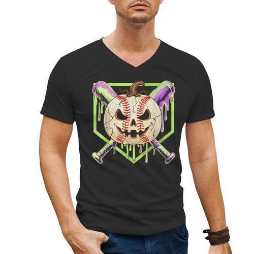 Baseball Pumpkin Halloween Baseball Drip Spooky Halloween Men's V-Neck T-Shirt - Sportilla