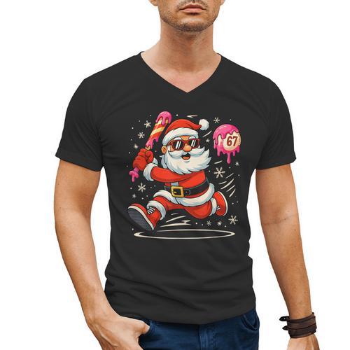 Baseball Santa 67 Baseball Christmas Pajamas Xmas Men Boy 67 Men's V-Neck T-Shirt - Sportilla