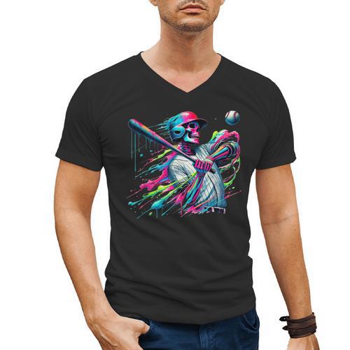 Baseball Skeleton Ice Cream Drip Baseball Boys Youth Men's V-Neck T-Shirt - Sportilla