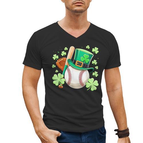 Baseball St Patricks Day Lucky Baseball Player Shamrock Men's V-Neck T-Shirt - Sportilla