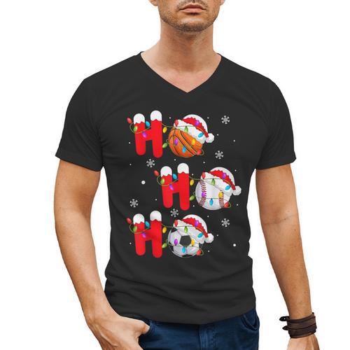 Basketball Baseball Soccer Christmas Ho Ho Ho Santa Xmas Men's V-Neck T-Shirt - Sportilla