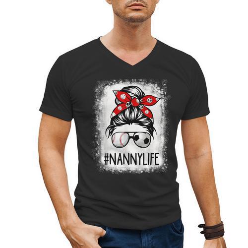 Bleached Nanny Life Soccer Messy Bun Baseball Game Day Men's V-Neck T-Shirt - Sportilla