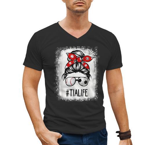 Bleached Tia Life Soccer Messy Bun Baseball Game Day Men's V-Neck T-Shirt - Sportilla
