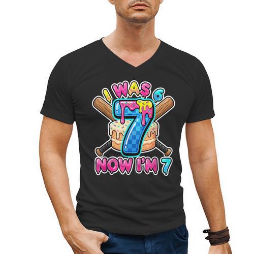 Blue Checkered I Was 6 Now I'm 7 Birthday Cake Baseball Drip Men's V-Neck T-Shirt - Sportilla