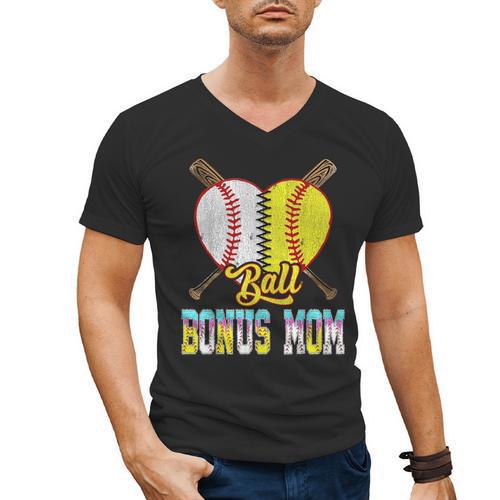 Bonus Mom Of Both Half Baseball Softball Ice Cream Drip Men's V-Neck T-Shirt - Sportilla