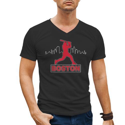 Boston Lovers Skyline Retro Baseball Heartbeat Men Women Men's V-Neck T-Shirt - Sportilla
