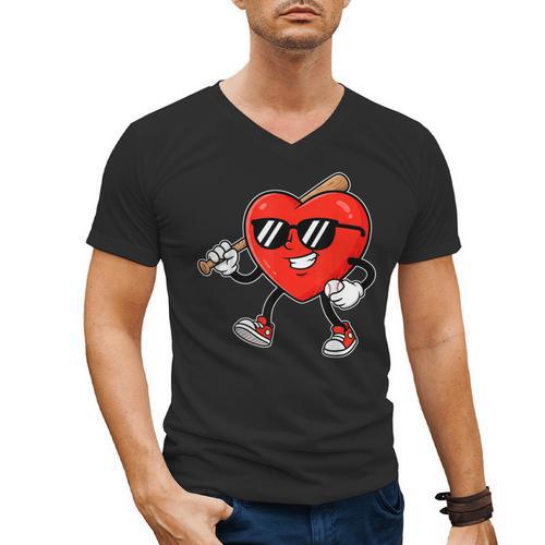 Boy Valentines Day Heart Love Baseball Boys Men Kids Men's V-Neck T-Shirt - Sportilla